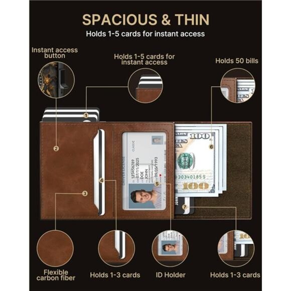 Mens Wallet Card Holder: Pop Up Aluminum Case, Carbon Fiber Leather - Picture 3 of 7